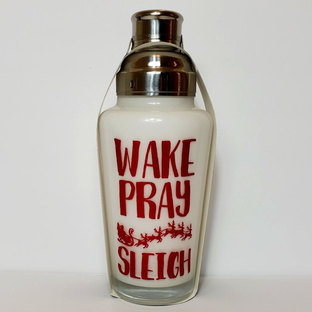 Bebe GLASS Cocktail Shaker  “WAKE PRAY SLEIGH” White Red Holiday New